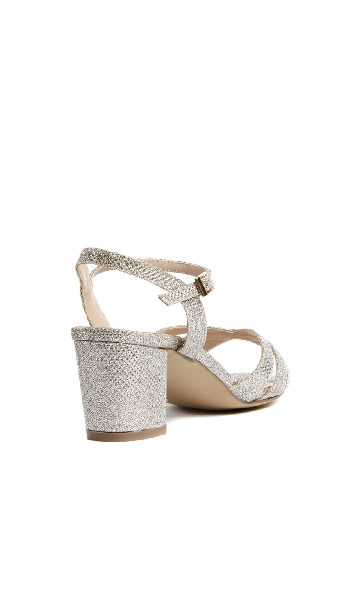 The Colette Champagne Prom Shoes by Paradox London (P1802) feature sparkly block heels, an ankle strap with buckle, and are shown from the back right angle on a white background—ideal for a chic prom look.